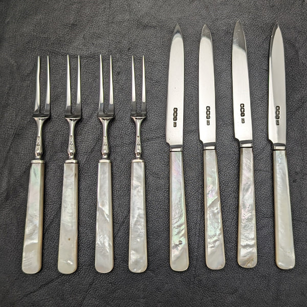 1925 年英國復古白珍珠貝殼手柄純銀刀片甜點餐具 4x2 套裝